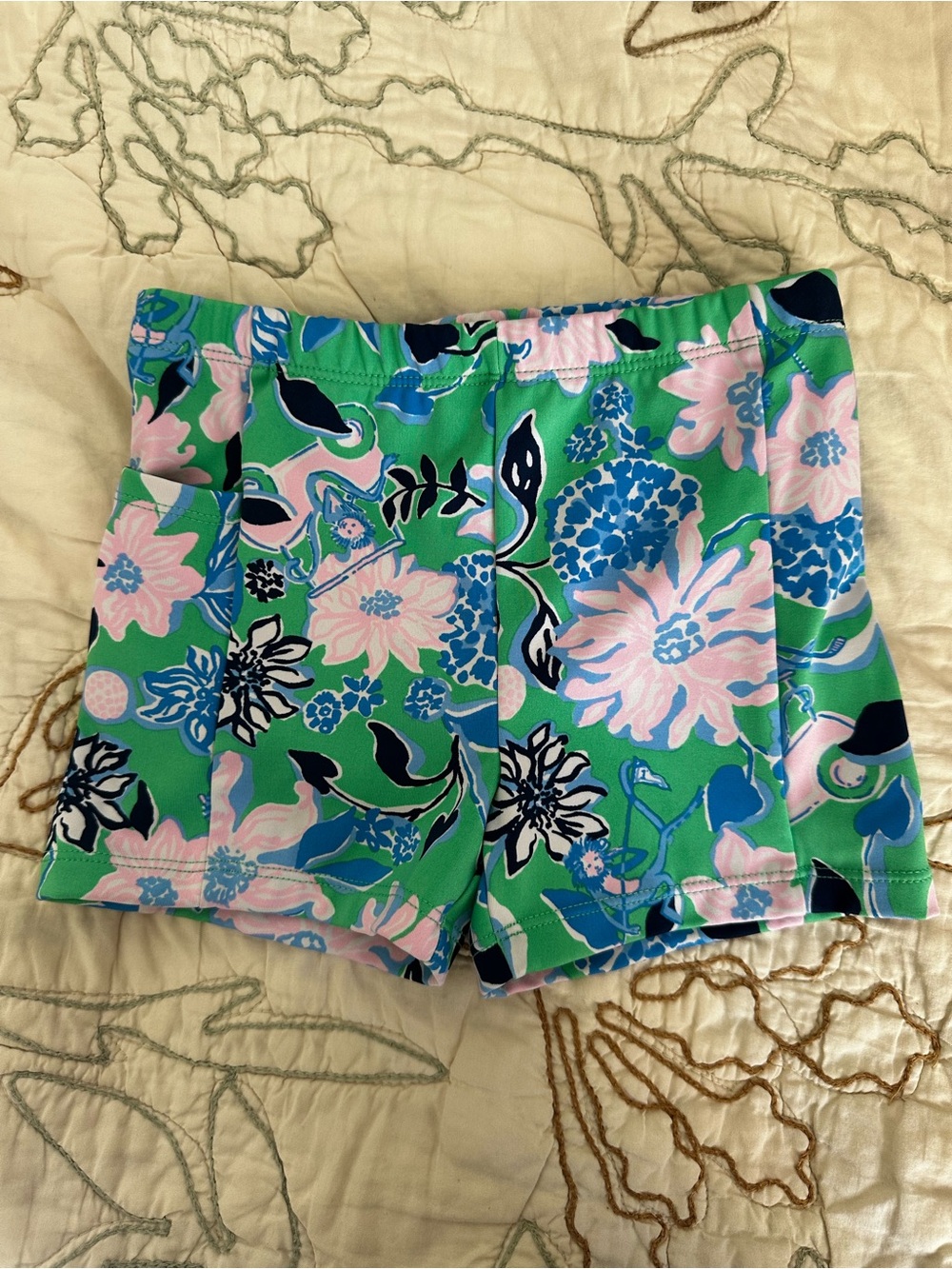 Lilly Pulitzer Green Floral Bike Shorts with Pink and Blue Flowers